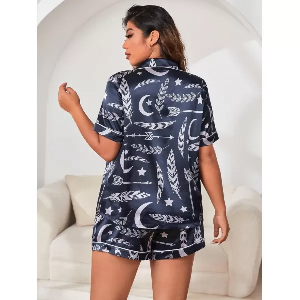 WDIRARA Women's Plus Size Satin Floral Short Sleeve Button Up Pajamas Shorts Lounge Set