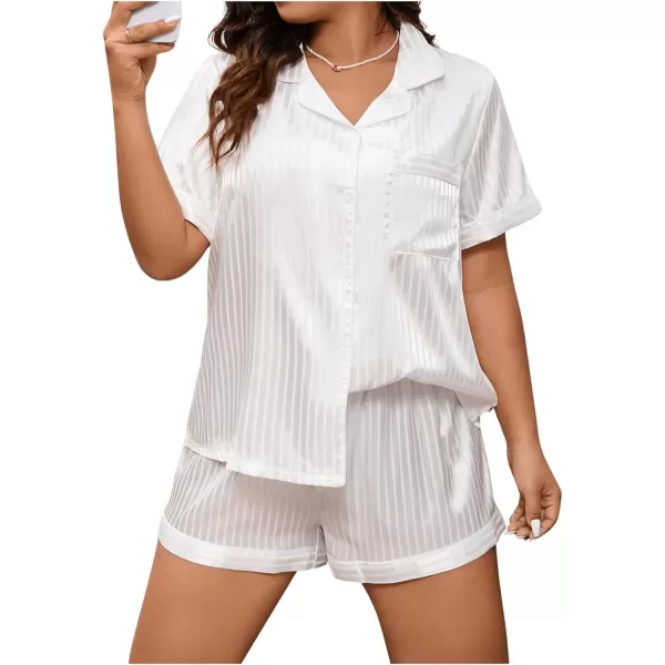WDIRARA Women's Plus Size Satin Floral Short Sleeve Button Up Pajamas Shorts Lounge Set
