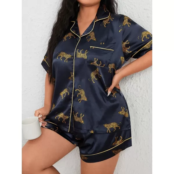 WDIRARA Women's Plus Size Satin Floral Short Sleeve Button Up Pajamas Shorts Lounge Set