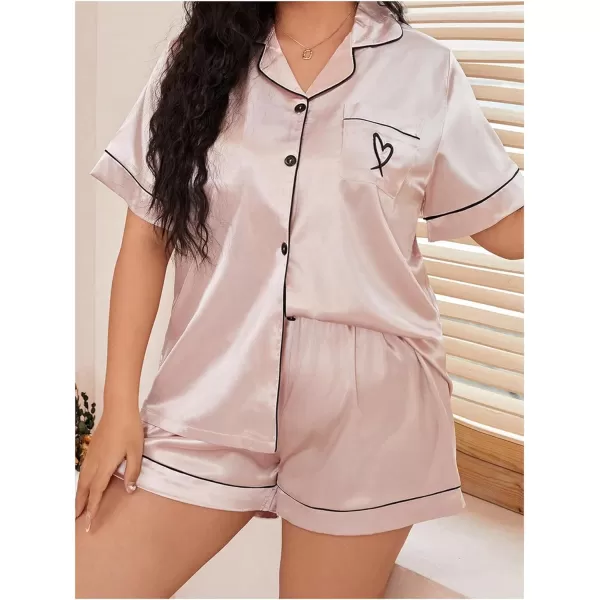 WDIRARA Women's Plus Size Satin Floral Short Sleeve Button Up Pajamas Shorts Lounge Set