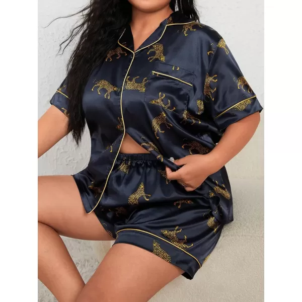 WDIRARA Women's Plus Size Satin Floral Short Sleeve Button Up Pajamas Shorts Lounge Set