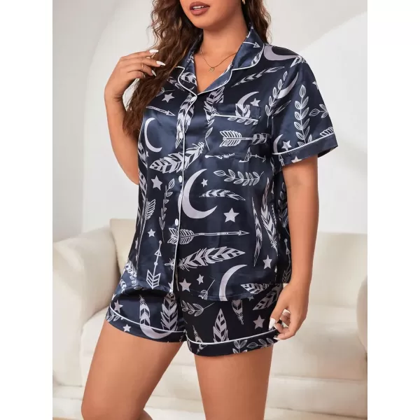 WDIRARA Women's Plus Size Satin Floral Short Sleeve Button Up Pajamas Shorts Lounge Set