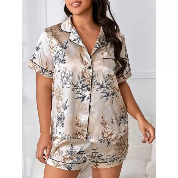 WDIRARA Women's Plus Size Satin Floral Short Sleeve Button Up Pajamas Shorts Lounge Set
