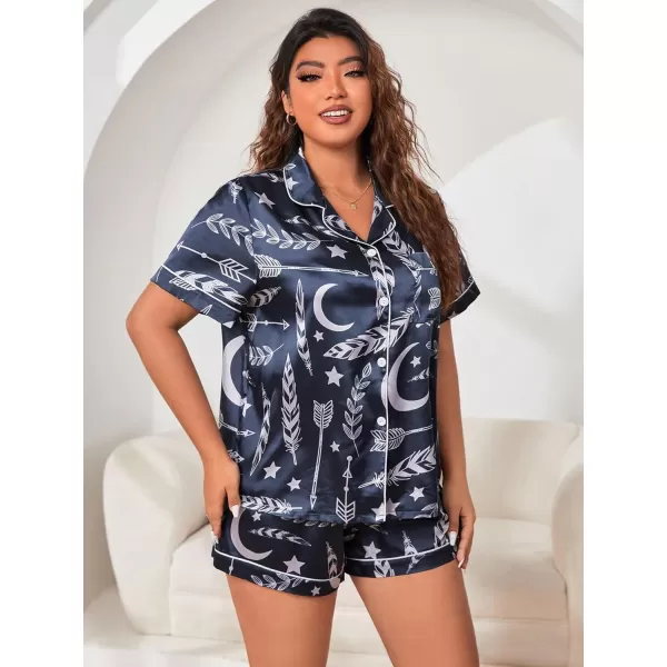 WDIRARA Women's Plus Size Satin Floral Short Sleeve Button Up Pajamas Shorts Lounge Set