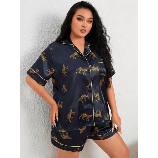 WDIRARA Women's Plus Size Satin Floral Short Sleeve Button Up Pajamas Shorts Lounge Set