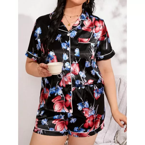 WDIRARA Women's Plus Size Satin Floral Short Sleeve Button Up Pajamas Shorts Lounge Set