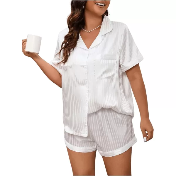WDIRARA Women's Plus Size Satin Floral Short Sleeve Button Up Pajamas Shorts Lounge Set