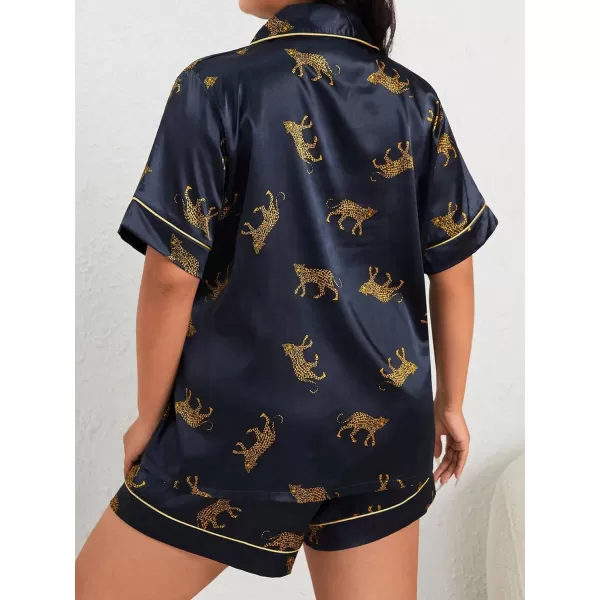 WDIRARA Women's Plus Size Satin Floral Short Sleeve Button Up Pajamas Shorts Lounge Set