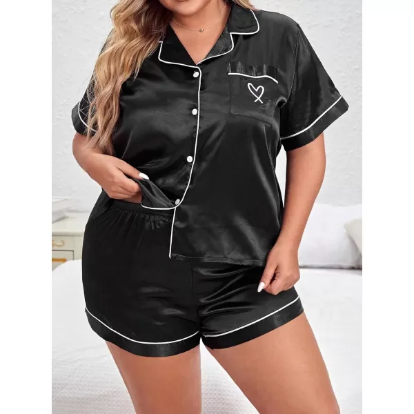 WDIRARA Women's Plus Size Satin Floral Short Sleeve Button Up Pajamas Shorts Lounge Set