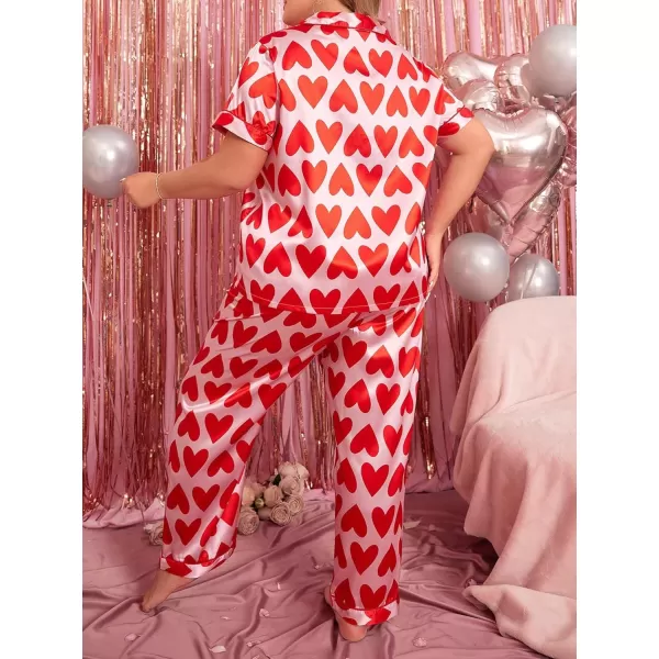 WDIRARA Women's Plus Size Satin Floral Short Sleeve Contrast Binding Button Up Pajamas Shorts Lounge Set