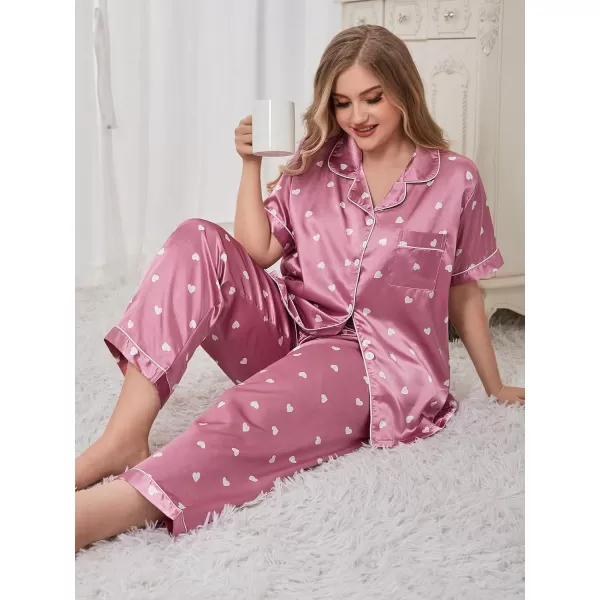WDIRARA Women's Plus Size Satin Floral Short Sleeve Contrast Binding Button Up Pajamas Shorts Lounge Set
