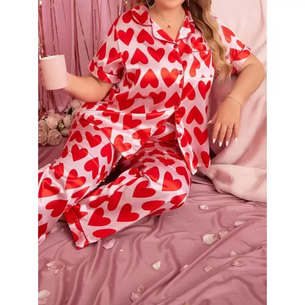 WDIRARA Women's Plus Size Satin Floral Short Sleeve Contrast Binding Button Up Pajamas Shorts Lounge Set