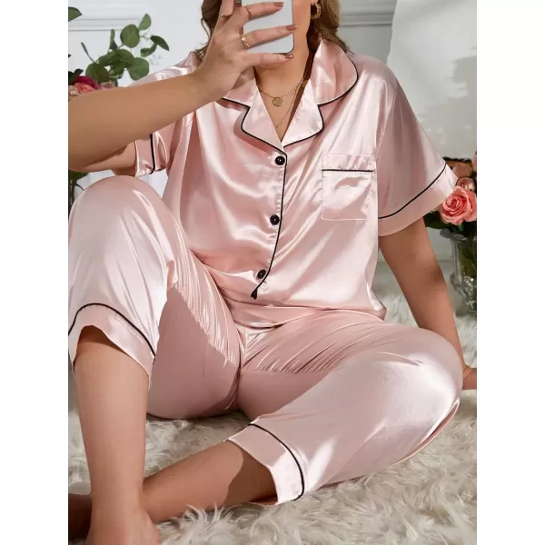 WDIRARA Women's Plus Size Satin Floral Short Sleeve Contrast Binding Button Up Pajamas Shorts Lounge Set