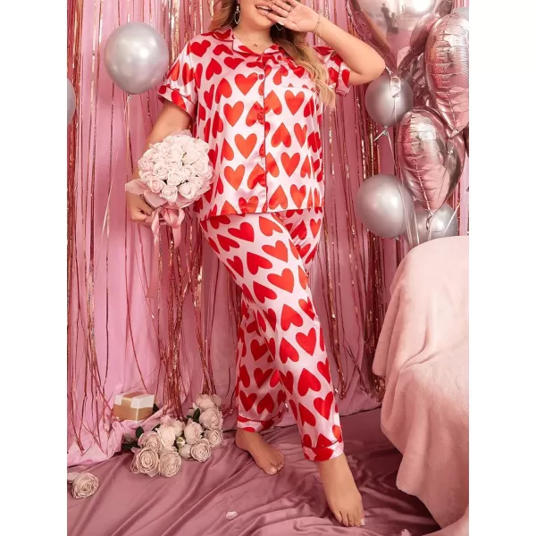 WDIRARA Women's Plus Size Satin Floral Short Sleeve Contrast Binding Button Up Pajamas Shorts Lounge Set