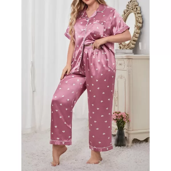 WDIRARA Women's Plus Size Satin Floral Short Sleeve Contrast Binding Button Up Pajamas Shorts Lounge Set