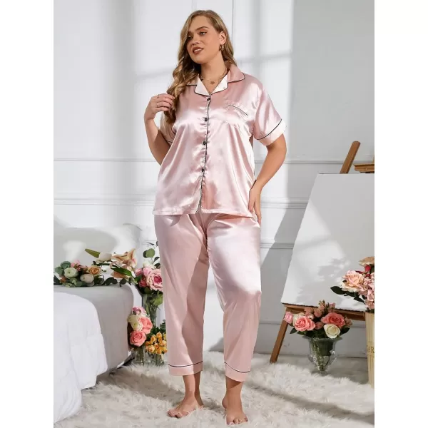 WDIRARA Women's Plus Size Satin Floral Short Sleeve Contrast Binding Button Up Pajamas Shorts Lounge Set