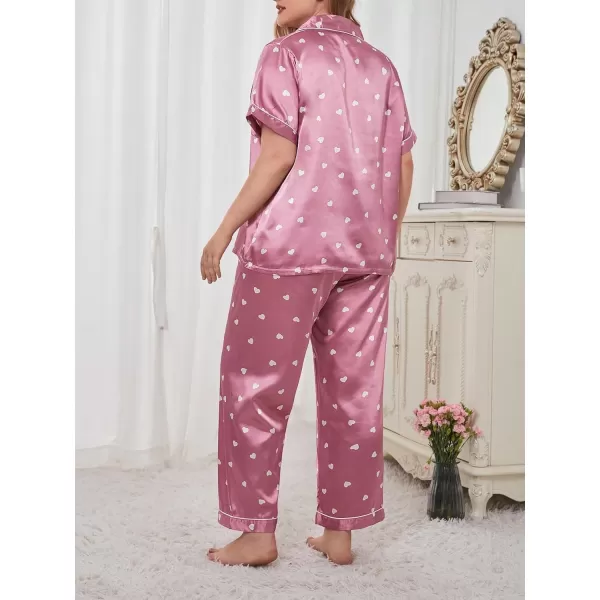 WDIRARA Women's Plus Size Satin Floral Short Sleeve Contrast Binding Button Up Pajamas Shorts Lounge Set