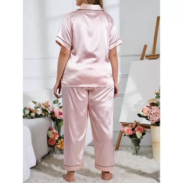 WDIRARA Women's Plus Size Satin Floral Short Sleeve Contrast Binding Button Up Pajamas Shorts Lounge Set