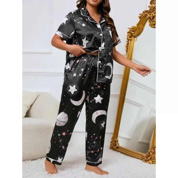 WDIRARA Women's Plus Size Satin Floral Short Sleeve Contrast Binding Button Up Pajamas Shorts Lounge Set
