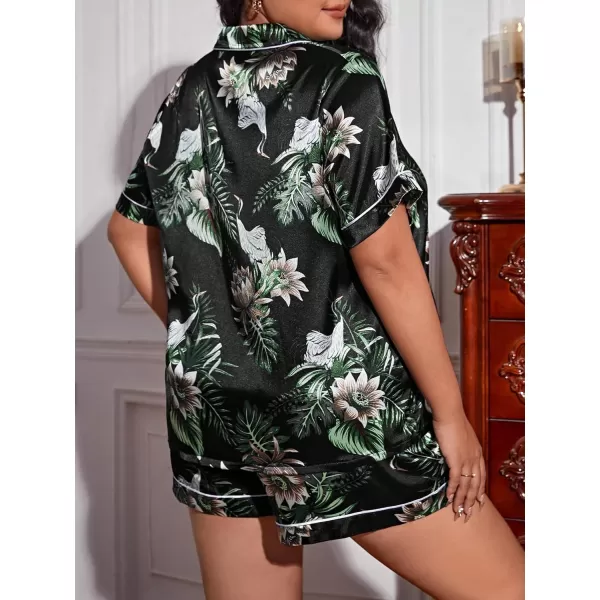 WDIRARA Women's Plus Size Satin Pj Set Short Sleeve Button Down Pajamas with Shorts Sleepwear