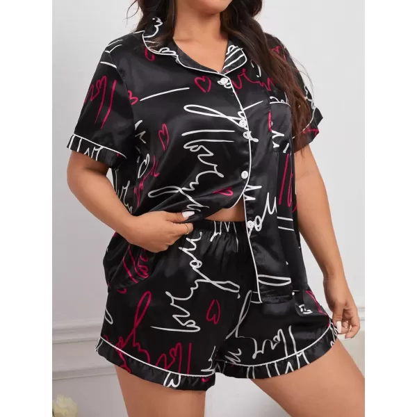 WDIRARA Women's Plus Size Satin Pj Set Short Sleeve Button Down Pajamas with Shorts Sleepwear