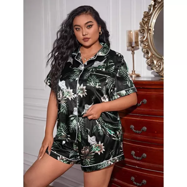 WDIRARA Women's Plus Size Satin Pj Set Short Sleeve Button Down Pajamas with Shorts Sleepwear