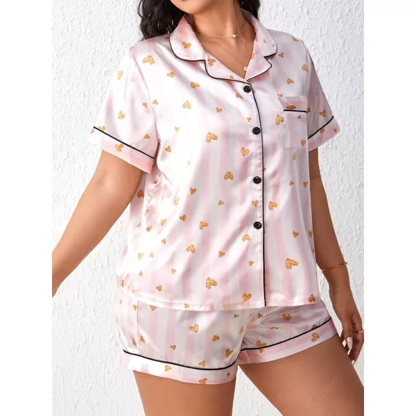 WDIRARA Women's Plus Size Satin Pj Set Short Sleeve Button Down Pajamas with Shorts Sleepwear