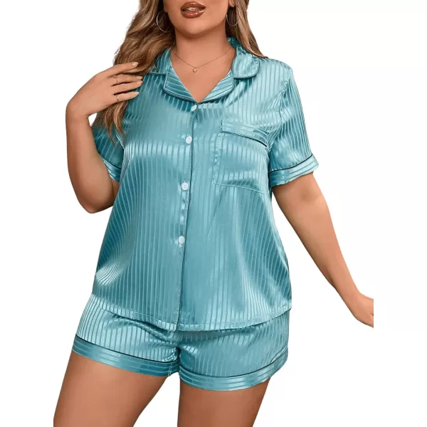 WDIRARA Women's Plus Size Satin Pj Set Short Sleeve Button Down Pajamas with Shorts Sleepwear