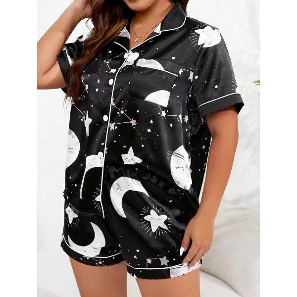 WDIRARA Women's Plus Size Satin Pj Set Short Sleeve Button Down Pajamas with Shorts Sleepwear