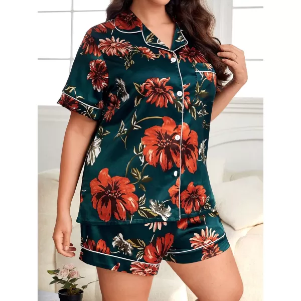 WDIRARA Women's Plus Size Satin Pj Set Short Sleeve Button Down Pajamas with Shorts Sleepwear