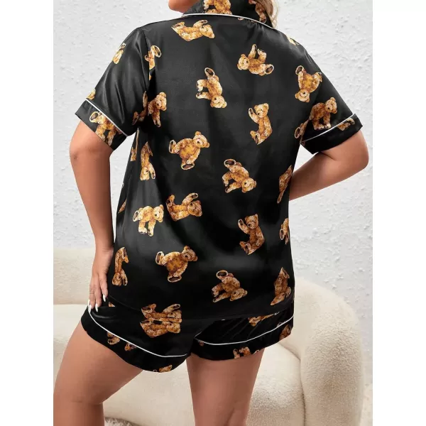 WDIRARA Women's Plus Size Satin Pj Set Short Sleeve Button Down Pajamas with Shorts Sleepwear