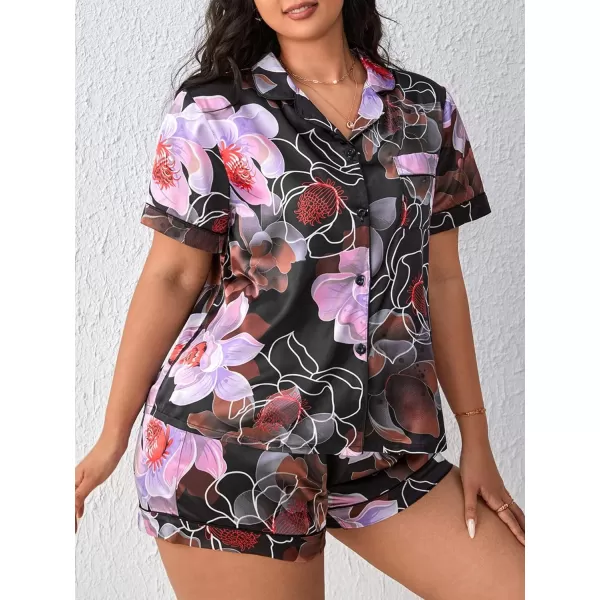 WDIRARA Women's Plus Size Satin Pj Set Short Sleeve Button Down Pajamas with Shorts Sleepwear
