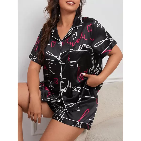 WDIRARA Women's Plus Size Satin Pj Set Short Sleeve Button Down Pajamas with Shorts Sleepwear