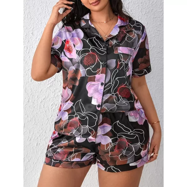 WDIRARA Women's Plus Size Satin Pj Set Short Sleeve Button Down Pajamas with Shorts Sleepwear