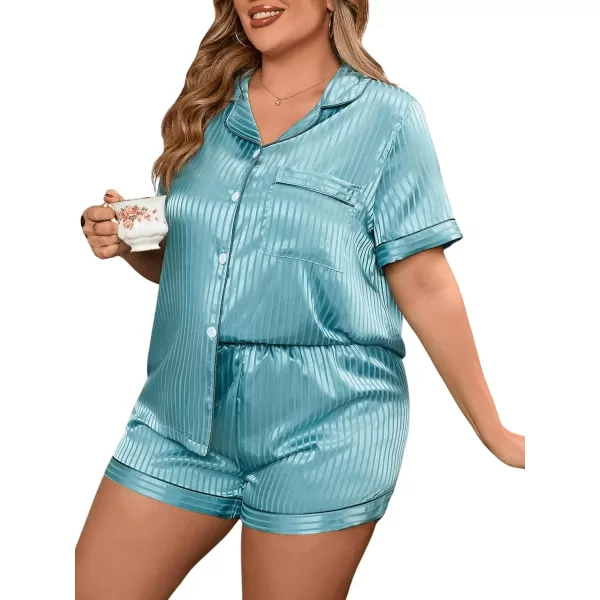 WDIRARA Women's Plus Size Satin Pj Set Short Sleeve Button Down Pajamas with Shorts Sleepwear