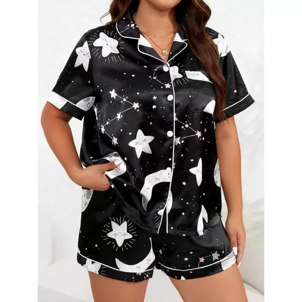 WDIRARA Women's Plus Size Satin Pj Set Short Sleeve Button Down Pajamas with Shorts Sleepwear
