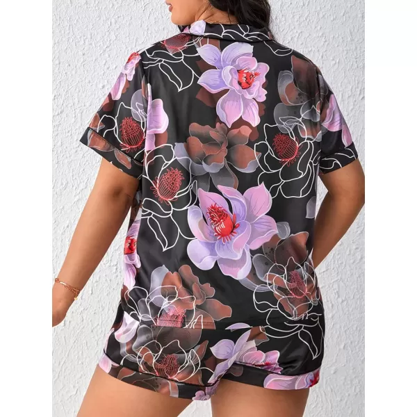 WDIRARA Women's Plus Size Satin Pj Set Short Sleeve Button Down Pajamas with Shorts Sleepwear