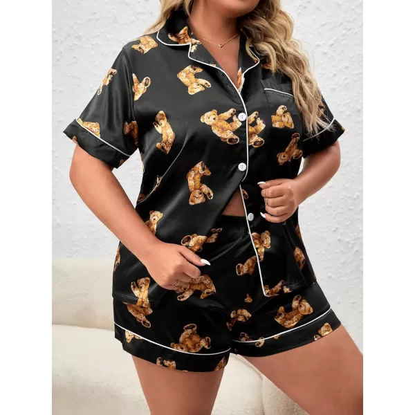 WDIRARA Women's Plus Size Satin Pj Set Short Sleeve Button Down Pajamas with Shorts Sleepwear