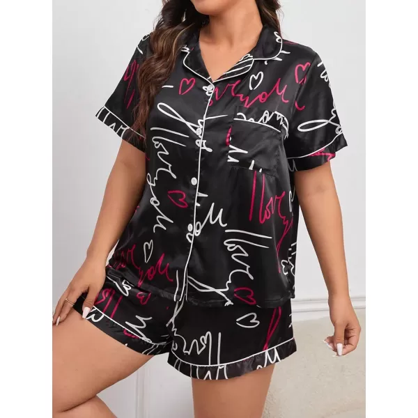 WDIRARA Women's Plus Size Satin Pj Set Short Sleeve Button Down Pajamas with Shorts Sleepwear