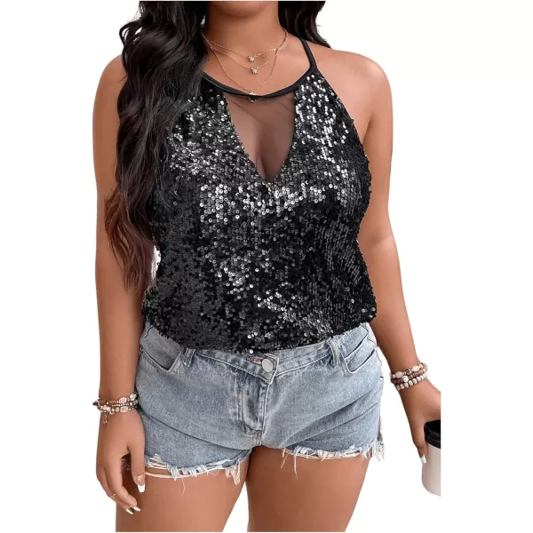 WDIRARA Women's Plus Size Sequin Halter Sleeveless Contrast Mesh Party Night Rave Top