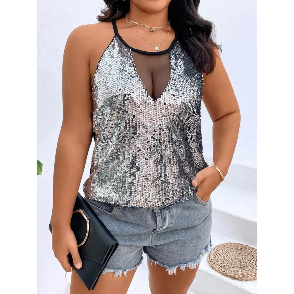 WDIRARA Women's Plus Size Sequin Halter Sleeveless Contrast Mesh Party Night Rave Top