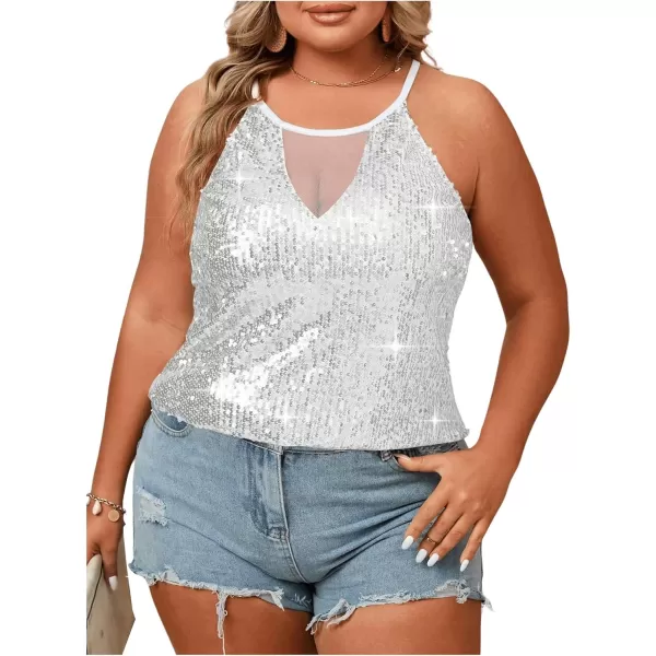 WDIRARA Women's Plus Size Sequin Halter Sleeveless Contrast Mesh Party Night Rave Top