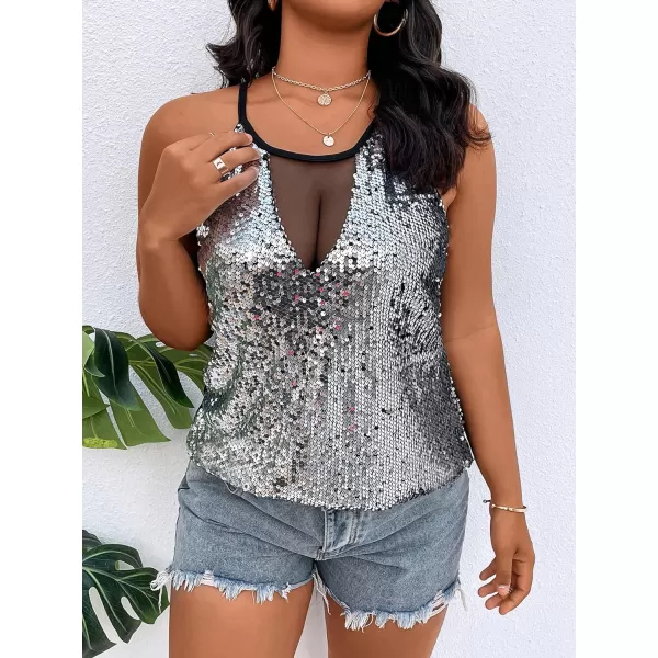 WDIRARA Women's Plus Size Sequin Halter Sleeveless Contrast Mesh Party Night Rave Top