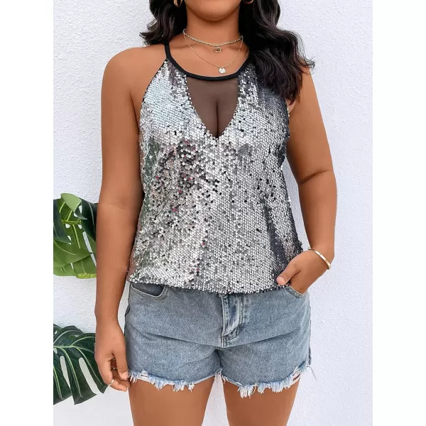 WDIRARA Women's Plus Size Sequin Halter Sleeveless Contrast Mesh Party Night Rave Top
