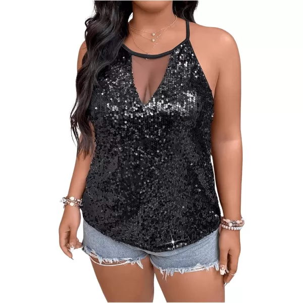 WDIRARA Women's Plus Size Sequin Halter Sleeveless Contrast Mesh Party Night Rave Top