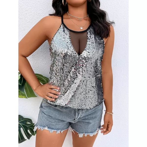 WDIRARA Women's Plus Size Sequin Halter Sleeveless Contrast Mesh Party Night Rave Top