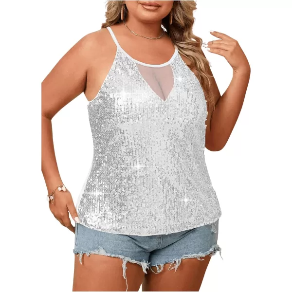 WDIRARA Women's Plus Size Sequin Halter Sleeveless Contrast Mesh Party Night Rave Top