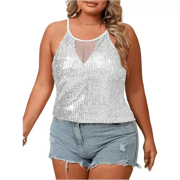WDIRARA Women's Plus Size Sequin Halter Sleeveless Contrast Mesh Party Night Rave Top