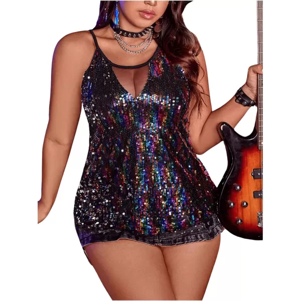 WDIRARA Women's Plus Size Sequin Halter Sleeveless Contrast Mesh Party Night Rave Top