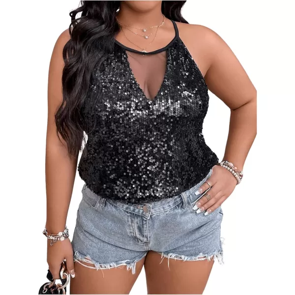 WDIRARA Women's Plus Size Sequin Halter Sleeveless Contrast Mesh Party Night Rave Top